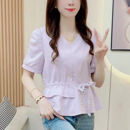 유니픽여성 봄여름 레이스 장식 반팔 V넥 블라우스 허리 조절 디자인wd