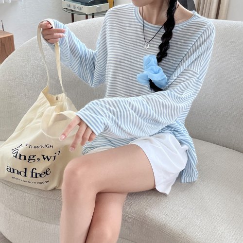 투데이앤룩 시스루 루즈핏 스트라이프 여자 긴팔 티셔츠 4color